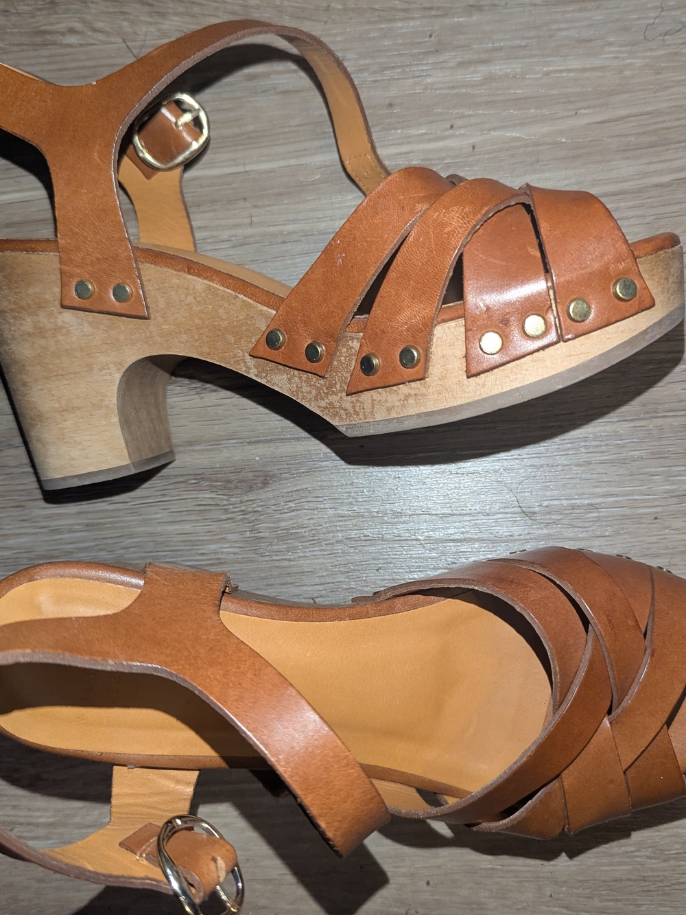 Sezane Tan Brown Leather Strappy Clog Wood Heels Sandals - Picture 6 of 7
